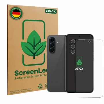 Face avant d’un emballage produit avec le logo de la marque ScreenLeaf. À côté, l’appareil Samsung Galaxy A56 5G (Avant+Caméra