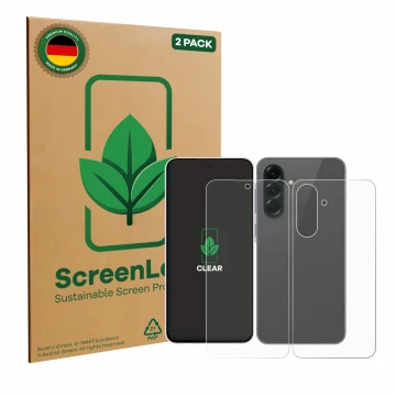Face avant d’un emballage produit avec le logo de la marque ScreenLeaf. À côté, l’appareil Samsung Galaxy A56 5G (Avant+Arrièr