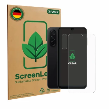 Face avant d’un emballage produit avec le logo de la marque ScreenLeaf. À côté, l’appareil Samsung Galaxy A26 5G (Avant+Caméra