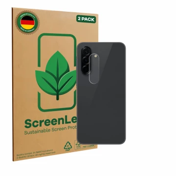 Face avant d’un emballage produit avec le logo de la marque ScreenLeaf. À côté, l’appareil Samsung Galaxy A36 5G (Caméra UNIQU