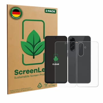 Face avant d’un emballage produit avec le logo de la marque ScreenLeaf. À côté, l’appareil Samsung Galaxy A36 5G (Avant+Arrièr
