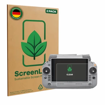 Face avant d’un emballage produit avec le logo de la marque ScreenLeaf. À côté, l’appareil DJI RC Plus 2 est représenté avec l