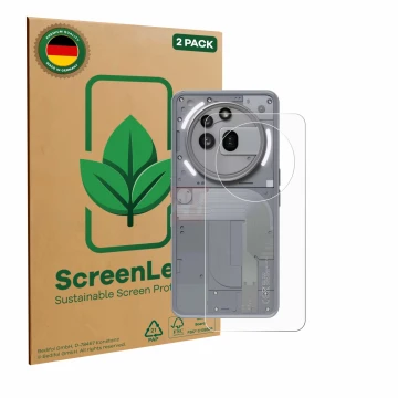Face avant d’un emballage produit avec le logo de la marque ScreenLeaf. À côté, l’appareil Nothing Phone (3a) Pro (Arrière) es