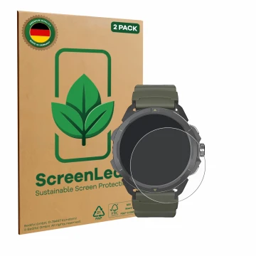 Face avant d’un emballage produit avec le logo de la marque ScreenLeaf. À côté, l’appareil Hammer Watch 2 Military Edition est