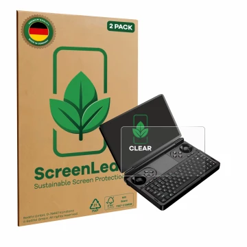 Face avant d’un emballage produit avec le logo de la marque ScreenLeaf. À côté, l’appareil GPD Win Mini (2025) est représenté 