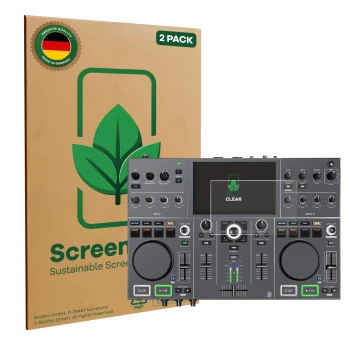 Face avant d’un emballage produit avec le logo de la marque ScreenLeaf. À côté, l’appareil Denon DJ Prime Go+ est représenté a