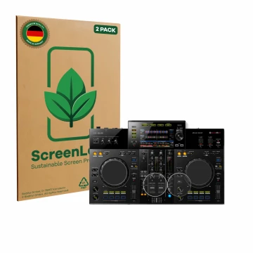 Face avant d’un emballage produit avec le logo de la marque ScreenLeaf. À côté, l’appareil Pioneer XDJ -RR (Jog) est représent