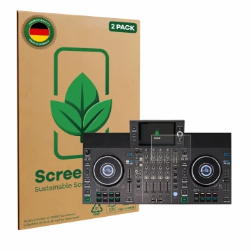 Face avant d’un emballage produit avec le logo de la marque ScreenLeaf. À côté, l’appareil Denon DJ SC LIVE 4 (Jog) est représ