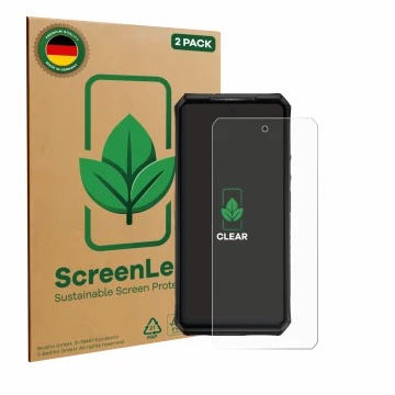 Face avant d’un emballage produit avec le logo de la marque ScreenLeaf. À côté, l’appareil Ulefone Armor 28 Ultra Thermal est 