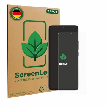 Face avant d’un emballage produit avec le logo de la marque ScreenLeaf. À côté, l’appareil Xiaomi Poco F7 Ultra est représenté