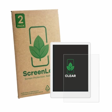 Face avant d’un emballage produit avec le logo de la marque ScreenLeaf. À côté, l’appareil Meebook M8 7.8