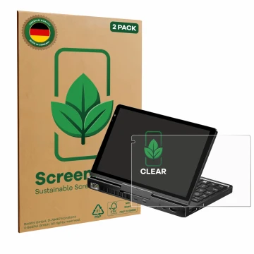 Face avant d’un emballage produit avec le logo de la marque ScreenLeaf. À côté, l’appareil GPD Pocket 4 est représenté avec la