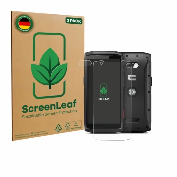 Face avant d’un emballage produit avec le logo de la marque ScreenLeaf. À côté, l’appareil Crosscall Core-M5 (Avant+Caméra) es
