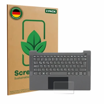 Face avant d’un emballage produit avec le logo de la marque ScreenLeaf. À côté, l’appareil Lenovo IdeaPad 5 14ALC05 Touchpad e