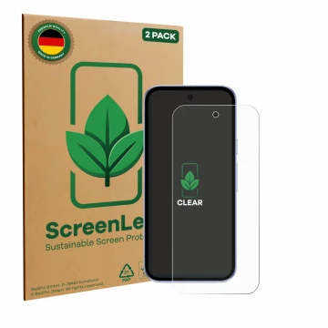 Face avant d’un emballage produit avec le logo de la marque ScreenLeaf. À côté, l’appareil Google Pixel 9a est représenté avec