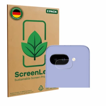 Face avant d’un emballage produit avec le logo de la marque ScreenLeaf. À côté, l’appareil Google Pixel 9a (Caméra UNIQUEMENT)