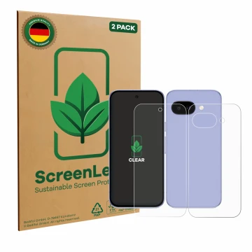 Face avant d’un emballage produit avec le logo de la marque ScreenLeaf. À côté, l’appareil Google Pixel 9a (Avant+Arrière) est
