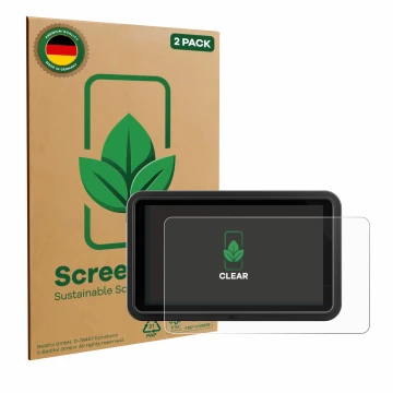 Face avant d’un emballage produit avec le logo de la marque ScreenLeaf. À côté, l’appareil Atomos Shinobi Go est représenté av