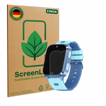 Face avant d’un emballage produit avec le logo de la marque ScreenLeaf. À côté, l’appareil Noctiluxia 4G Kids Smartwatch est r