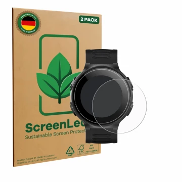Face avant d’un emballage produit avec le logo de la marque ScreenLeaf. À côté, l’appareil Kiprun GPS 500 Coros est représenté