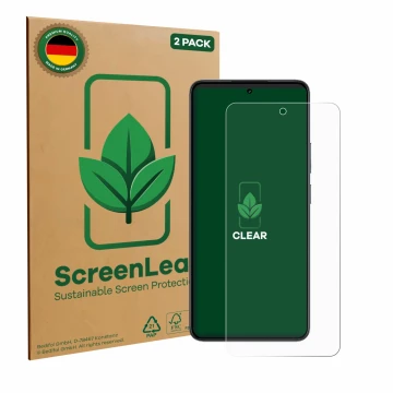 Face avant d’un emballage produit avec le logo de la marque ScreenLeaf. À côté, l’appareil realme 14T est représenté avec la p