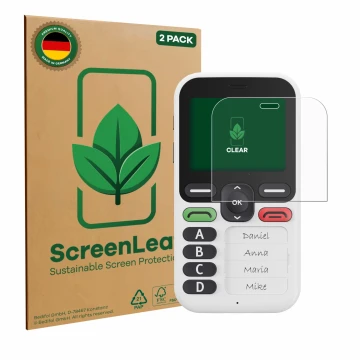 Face avant d’un emballage produit avec le logo de la marque ScreenLeaf. À côté, l’appareil Doro Leva X10 est représenté avec l