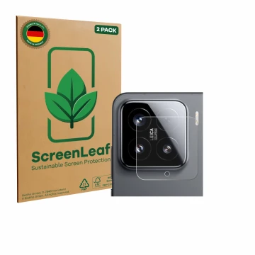 Face avant d’un emballage produit avec le logo de la marque ScreenLeaf. À côté, l’appareil Xiaomi 15 (Caméra UNIQUEMENT) est r