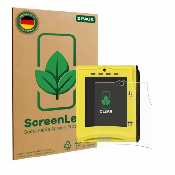 Face avant d’un emballage produit avec le logo de la marque ScreenLeaf. À côté, l’appareil Nayax VPOS TOUCH est représenté ave