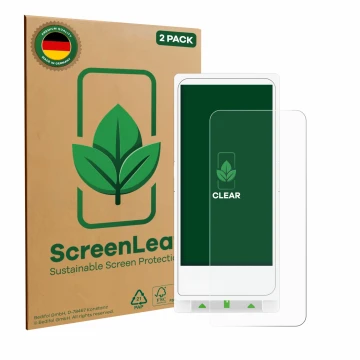 Face avant d’un emballage produit avec le logo de la marque ScreenLeaf. À côté, l’appareil Clover Flex est représenté avec la 