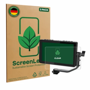 Face avant d’un emballage produit avec le logo de la marque ScreenLeaf. À côté, l’appareil Feelworld F5 PROX 5,5