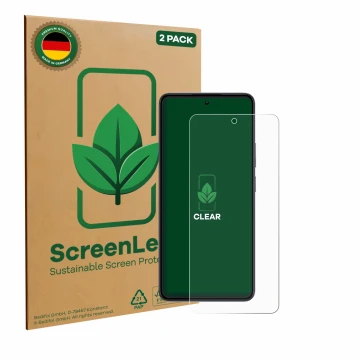 Face avant d’un emballage produit avec le logo de la marque ScreenLeaf. À côté, l’appareil realme 14 est représenté avec la pr