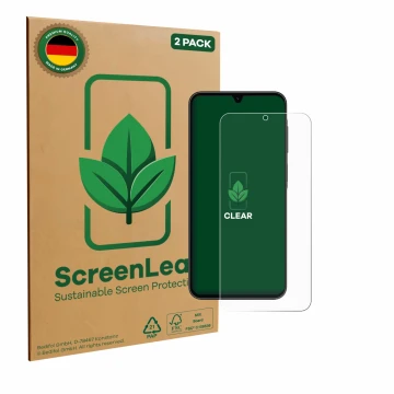 Face avant d’un emballage produit avec le logo de la marque ScreenLeaf. À côté, l’appareil Samsung Galaxy A26 5G Enterprise Ed