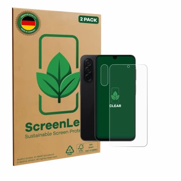 Face avant d’un emballage produit avec le logo de la marque ScreenLeaf. À côté, l’appareil Samsung Galaxy A26 5G Enterprise Ed