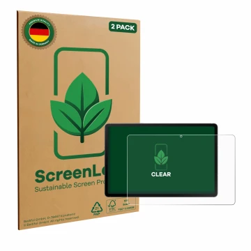 Face avant d’un emballage produit avec le logo de la marque ScreenLeaf. À côté, l’appareil Samsung Galaxy Tab S10 FE WiFi est 