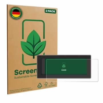 Face avant d’un emballage produit avec le logo de la marque ScreenLeaf. À côté, l’appareil Hyundai Inster Xclass (2025) est re