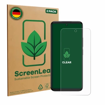 Face avant d’un emballage produit avec le logo de la marque ScreenLeaf. À côté, l’appareil TCL 60R est représenté avec la prot