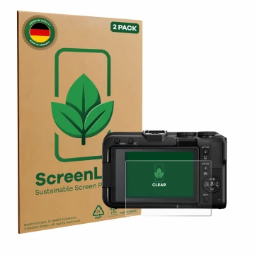 Face avant d’un emballage produit avec le logo de la marque ScreenLeaf. À côté, l’appareil Canon EOS R50 V est représenté avec
