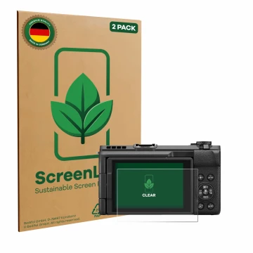 Face avant d’un emballage produit avec le logo de la marque ScreenLeaf. À côté, l’appareil Canon PowerShot V1 est représenté a