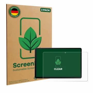 Face avant d’un emballage produit avec le logo de la marque ScreenLeaf. À côté, l’appareil Samsung Galaxy Tab S10 FE 5G est re