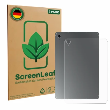 Face avant d’un emballage produit avec le logo de la marque ScreenLeaf. À côté, l’appareil Samsung Galaxy Tab S10 FE (Arrière)