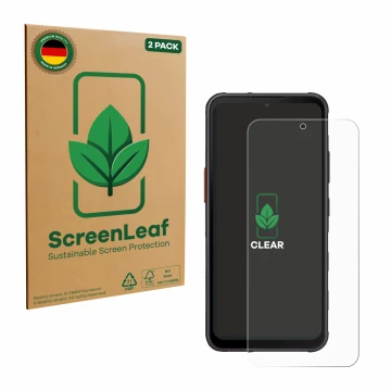 Face avant d’un emballage produit avec le logo de la marque ScreenLeaf. À côté, l’appareil Samsung Galaxy XCover 7 Pro est rep