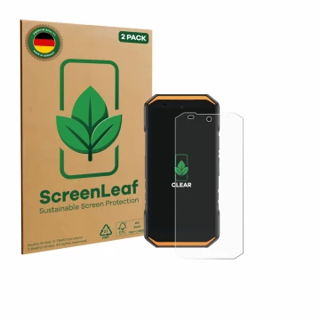 Face avant d’un emballage produit avec le logo de la marque ScreenLeaf. À côté, l’appareil Ulefone Armor X32 est représenté av