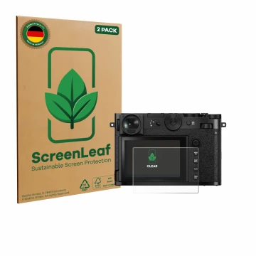 Face avant d’un emballage produit avec le logo de la marque ScreenLeaf. À côté, l’appareil Fujifilm GFX 100RF est représenté a