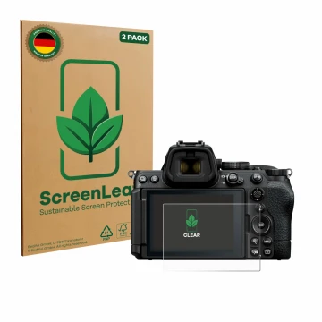 Face avant d’un emballage produit avec le logo de la marque ScreenLeaf. À côté, l’appareil Nikon Z5 II est représenté avec la 