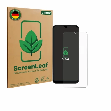 Face avant d’un emballage produit avec le logo de la marque ScreenLeaf. À côté, l’appareil Xiaomi Redmi A5 est représenté avec