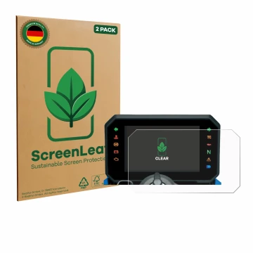 Face avant d’un emballage produit avec le logo de la marque ScreenLeaf. À côté, l’appareil Suzuki GSX-8S 2025 est représenté a