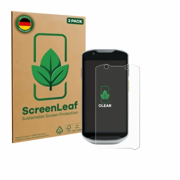 Face avant d’un emballage produit avec le logo de la marque ScreenLeaf. À côté, l’appareil Zebra TC52x-HC est représenté avec 