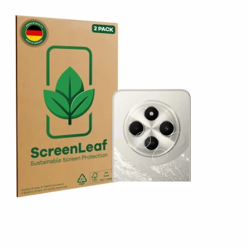 Face avant d’un emballage produit avec le logo de la marque ScreenLeaf. À côté, l’appareil Xiaomi Poco C75 (Caméra UNIQUEMENT)