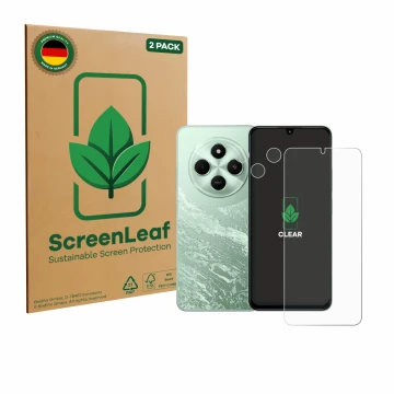 Face avant d’un emballage produit avec le logo de la marque ScreenLeaf. À côté, l’appareil Xiaomi Poco C75 (Avant+Caméra) est 