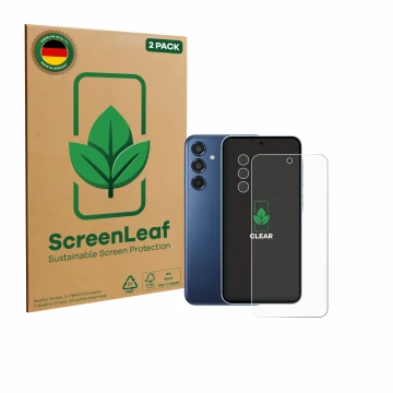 Face avant d’un emballage produit avec le logo de la marque ScreenLeaf. À côté, l’appareil Samsung Galaxy M35 (Avant+Caméra) e